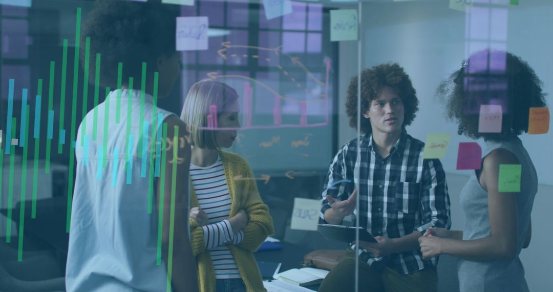 Team Meeting with Financial Data Overlay in Modern Office