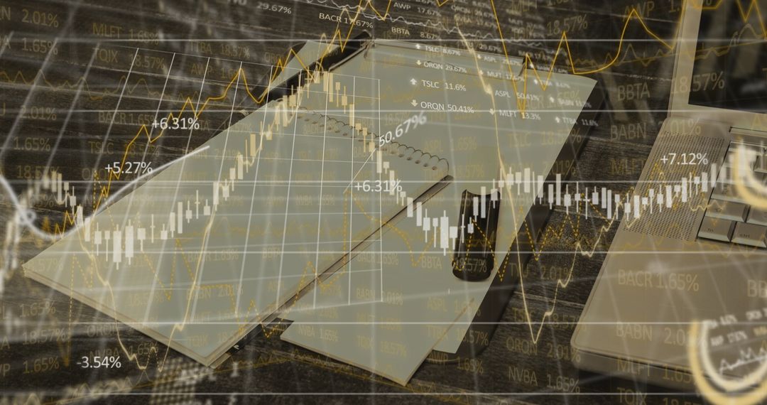 Financial Stock Market Data Overlay on Wooden Desk