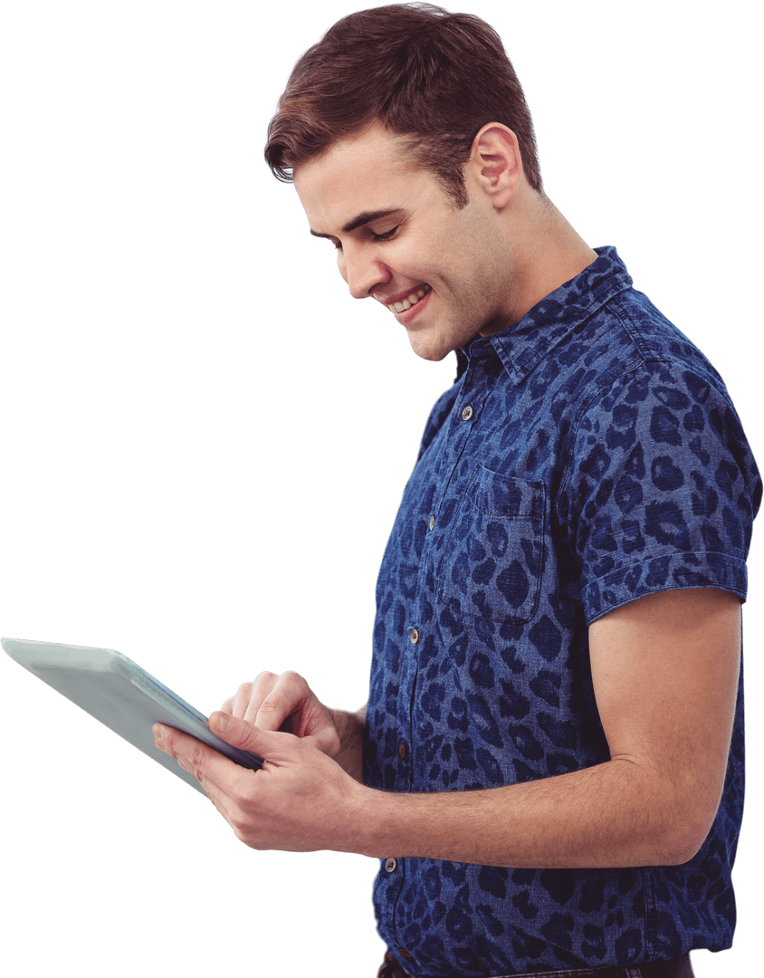 Smiling Man Using Tablet On Transparent Background