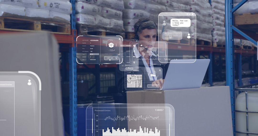 Digital Interface in Warehouse with Caucasian Woman Analyzing Data