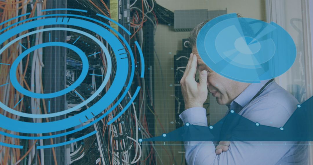 Stressed IT Technician Analyzing Server Data Augmented Reality Concept