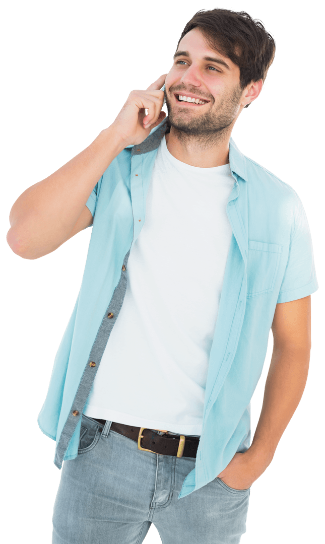 Smiling Man in Light Shirt Talking on Transparent Background