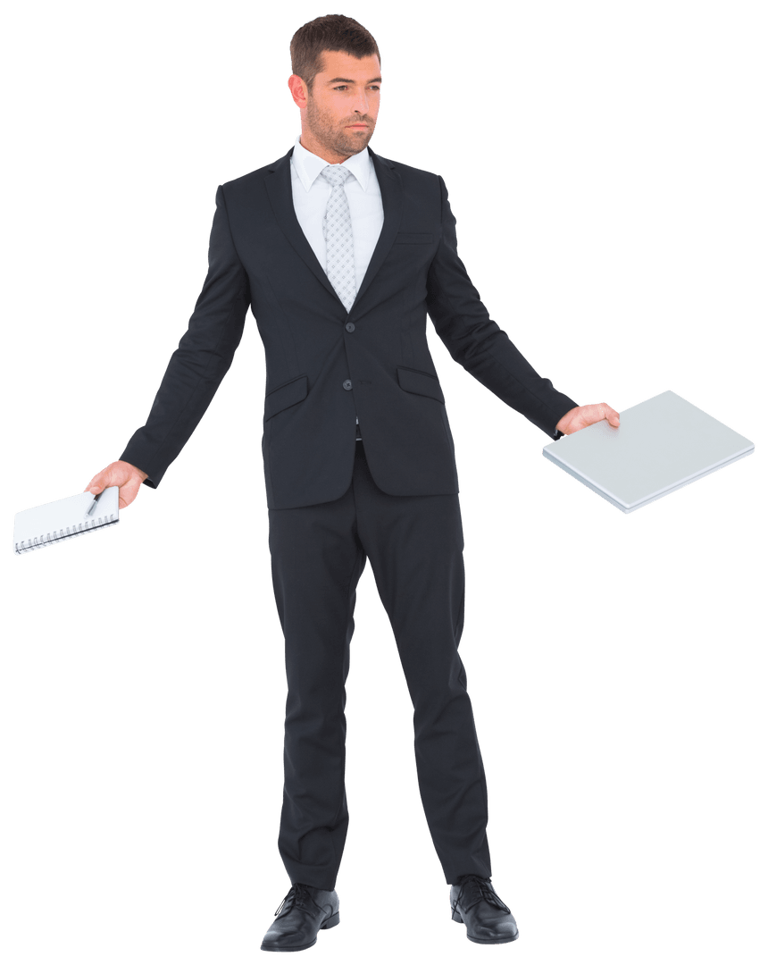 Businessman Balancing Notebook and Tablet on Transparent Background