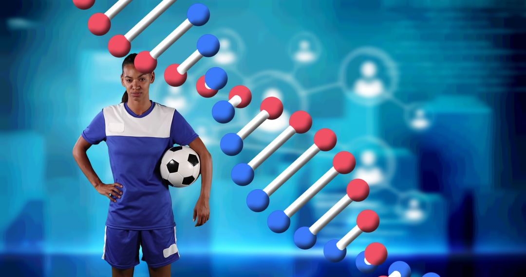 Image of dna strand over female football player holding ball - Free Images, Stock Photos and Pictures on Pikwizard.com