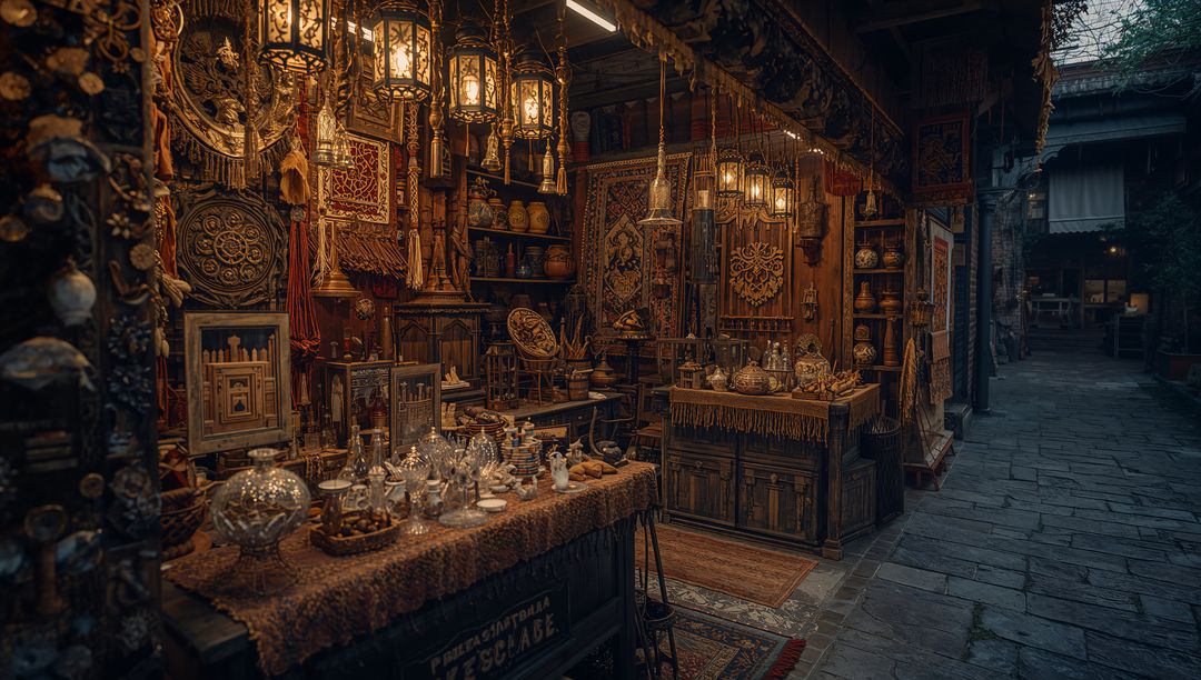 Authentic Bazaar Stall Displaying Lanterns and Pottery
