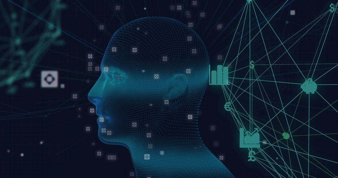 Digital Human Silhouette with Data Network and Financial Icons