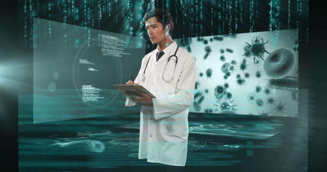 Future Medicine: Male Doctor Analyzing Digital Health Data Interactively