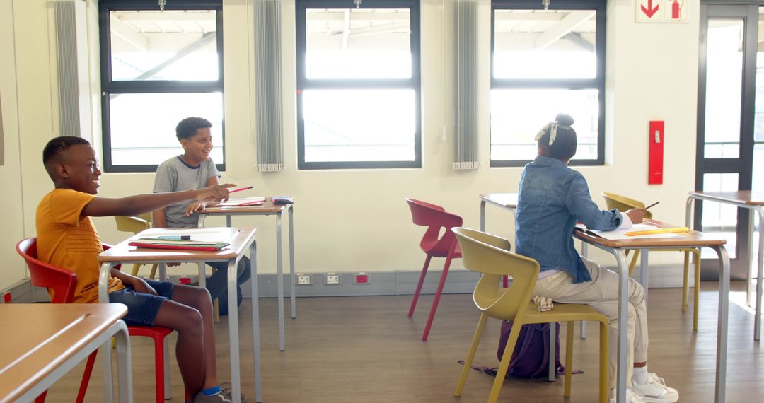 Diverse Students Collaborating in Bright Modern Classroom