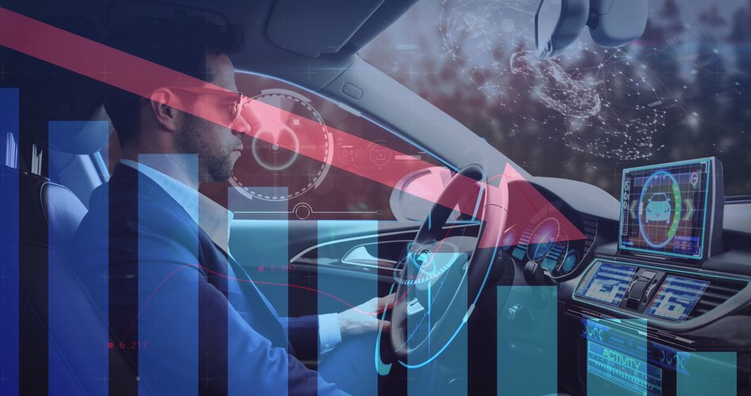 Businessman Engages with High-Tech Interface in Self-Driving Car