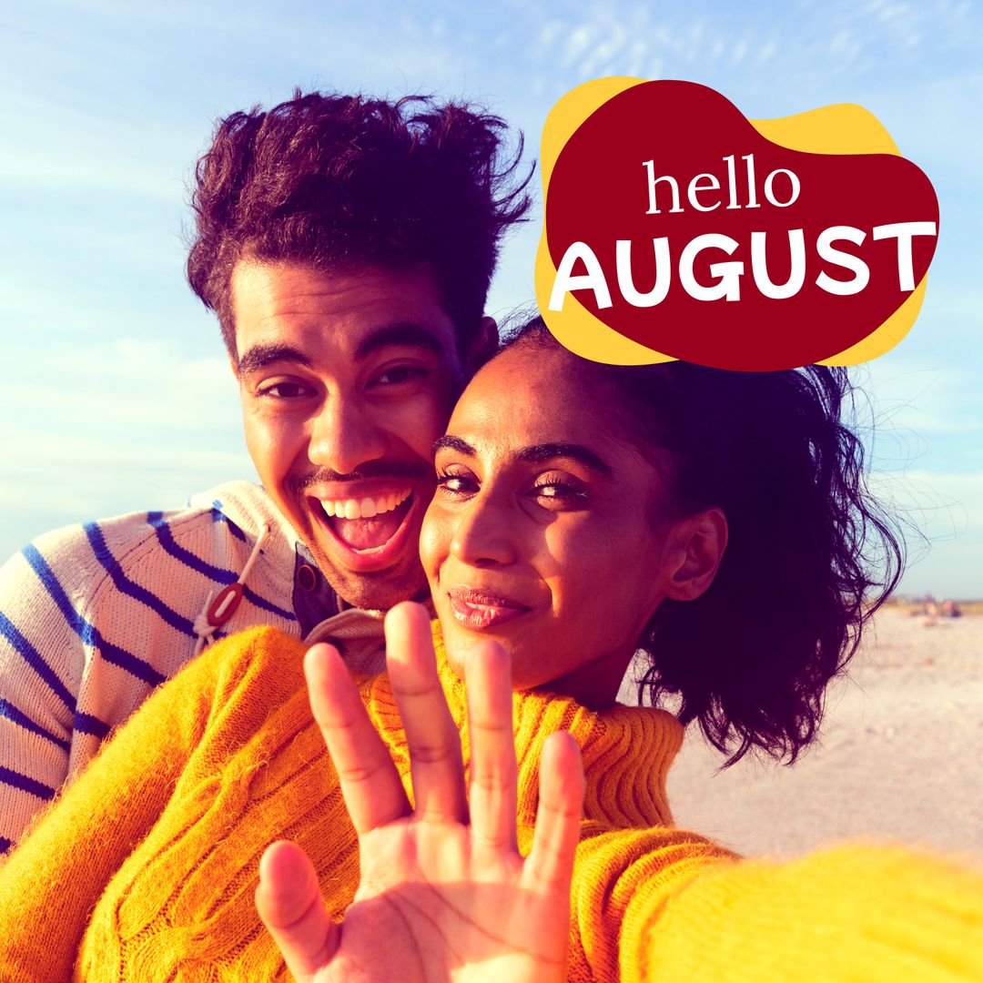 Happy Couple at Beach with Hello August Text Overlay