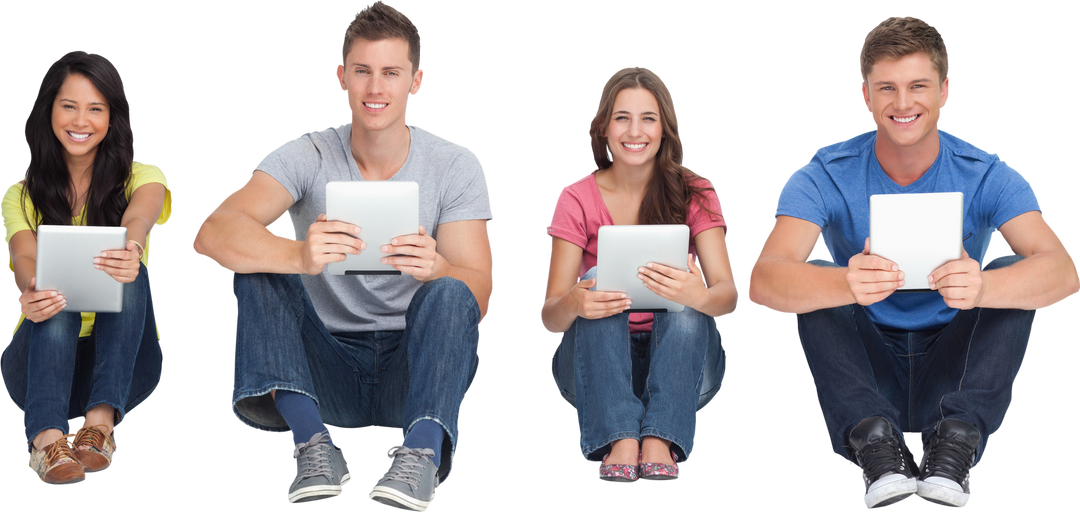 Diverse Group Smiling and Holding Tablets on Transparent Background - Download Free Stock Images Pikwizard.com