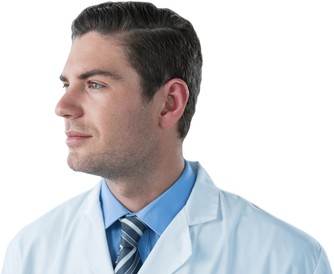 Professional Doctor in White Lab Coat Looking Away - Transparent Background