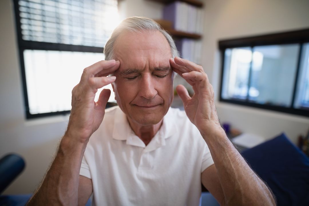 Senior male patient holding head during headache - Free Images, Stock Photos and Pictures on Pikwizard.com