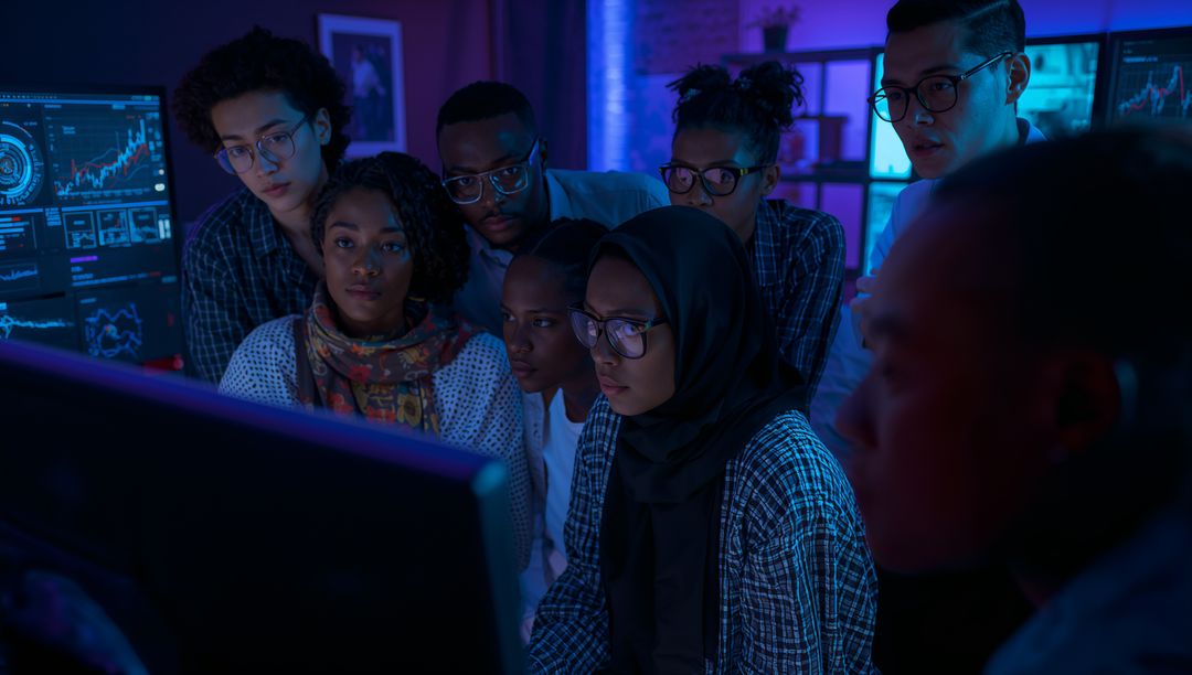 Diverse Team Analyzing Data on Screens in Modern Tech Office