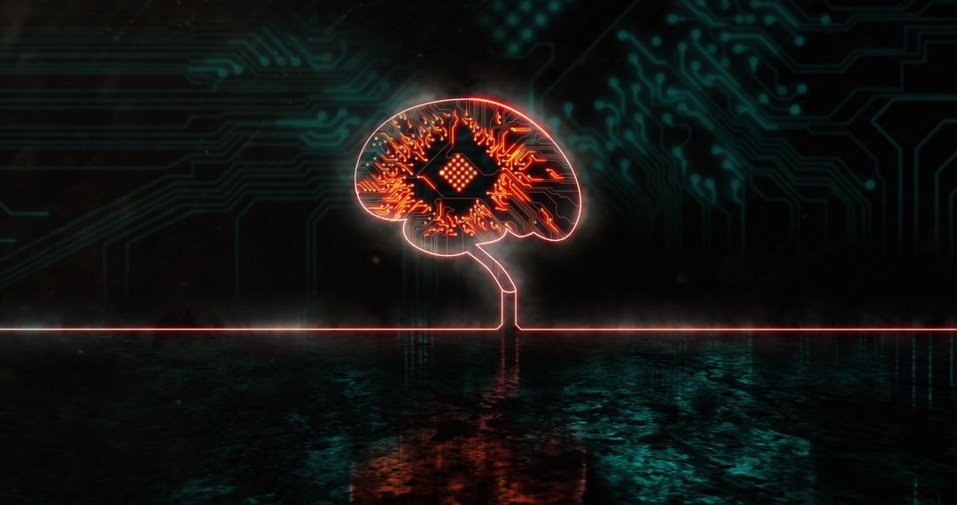 Digitally Generated Neon Brain with Processor Circuit Background