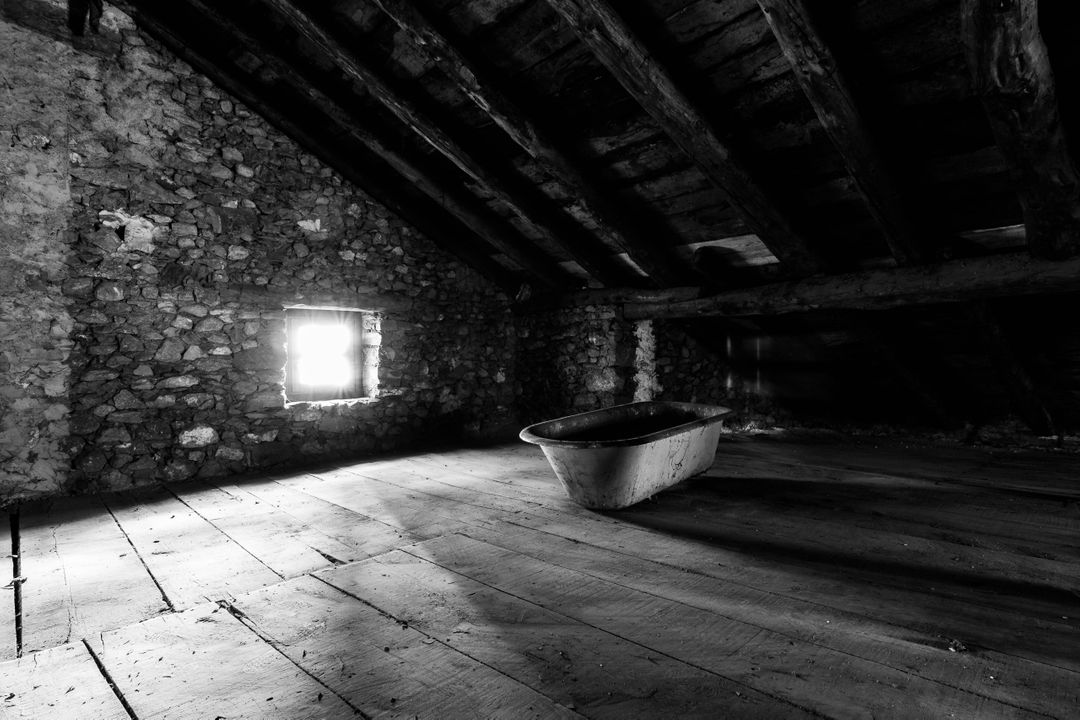 Abandoned Attic with Old Bathtub in Black and White - Free Images, Stock Photos and Pictures on Pikwizard.com