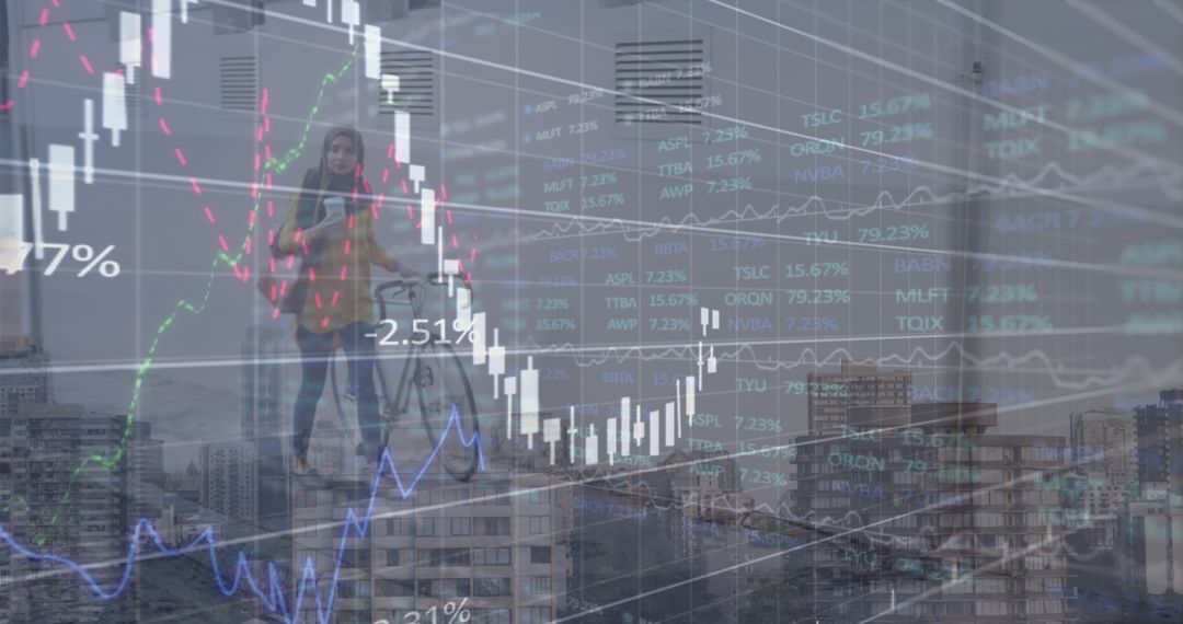 Data Analysis Overlay with Woman Cycling in Urban Environment