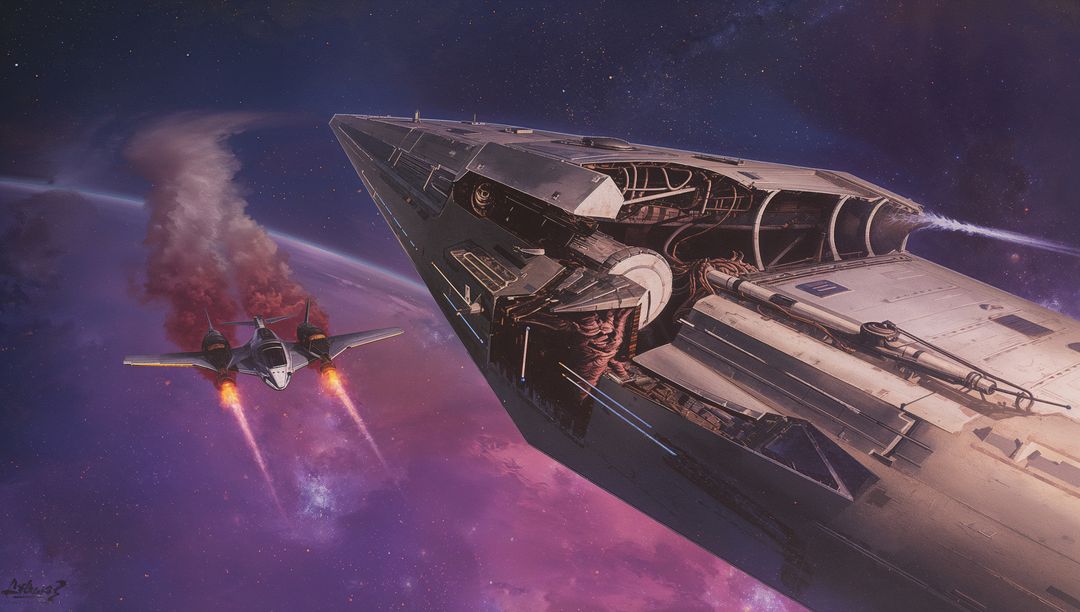 Capital Destroyer Revealing Exposed Maintenance Bay in Violet Nebula with Interceptor Pursuit