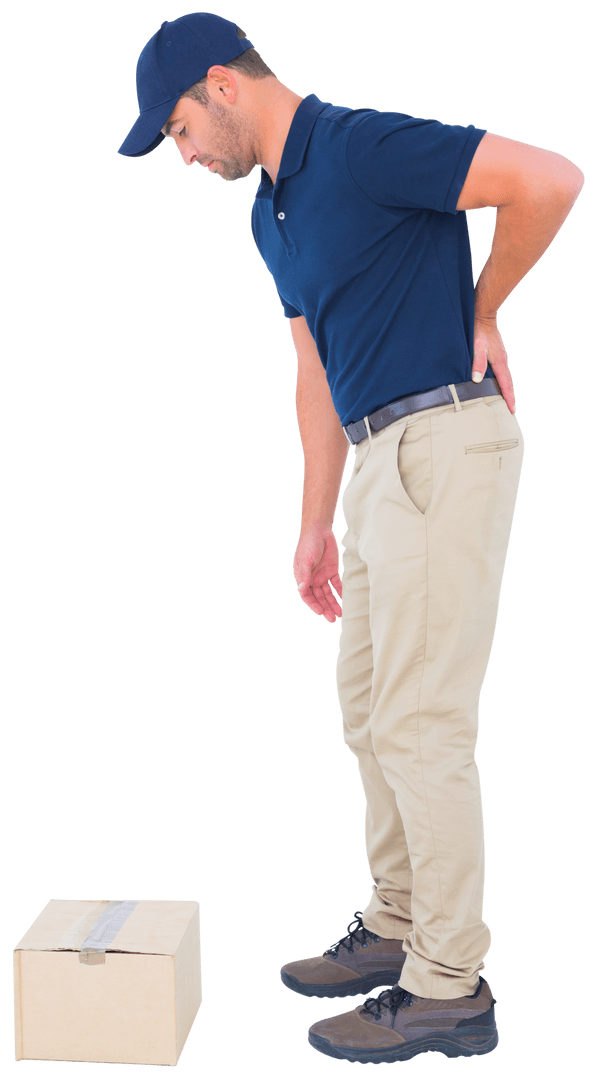Transparent Delivery Man with Back Pain Standing Next to Box