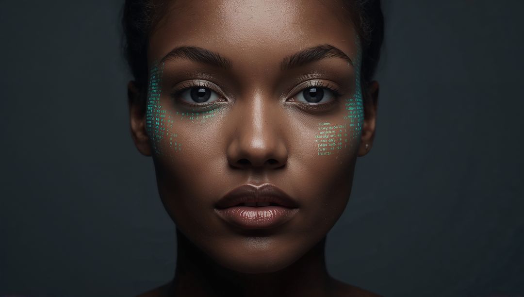 Futuristic Black Woman Headshot with Green Code Markings Under Eyes for AI and Tech