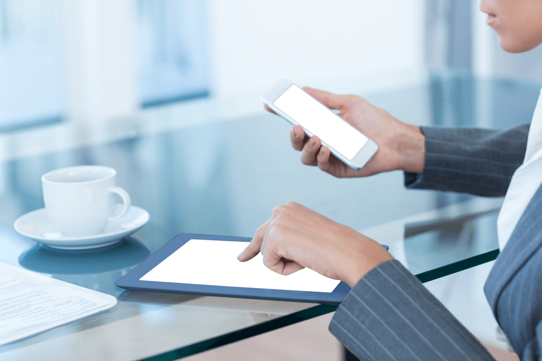 Transparent Business Workplace with Tablet and Smartphone