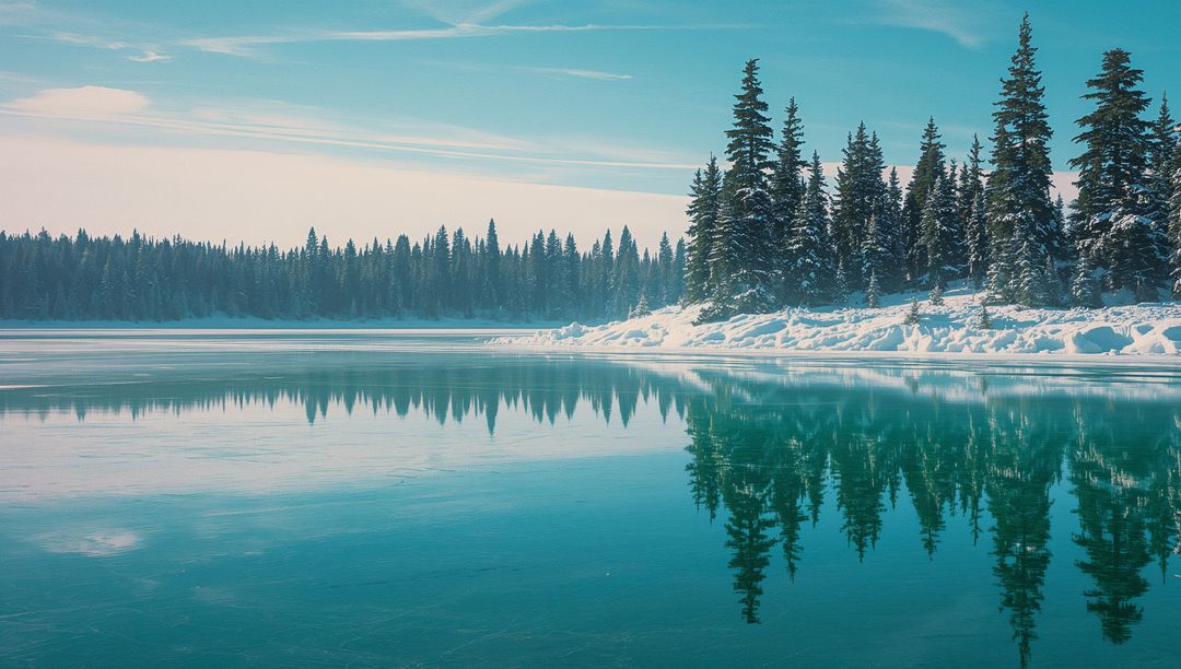 Turquoise Lake with Reflections of Evergreen Trees on Snowy Shoreline