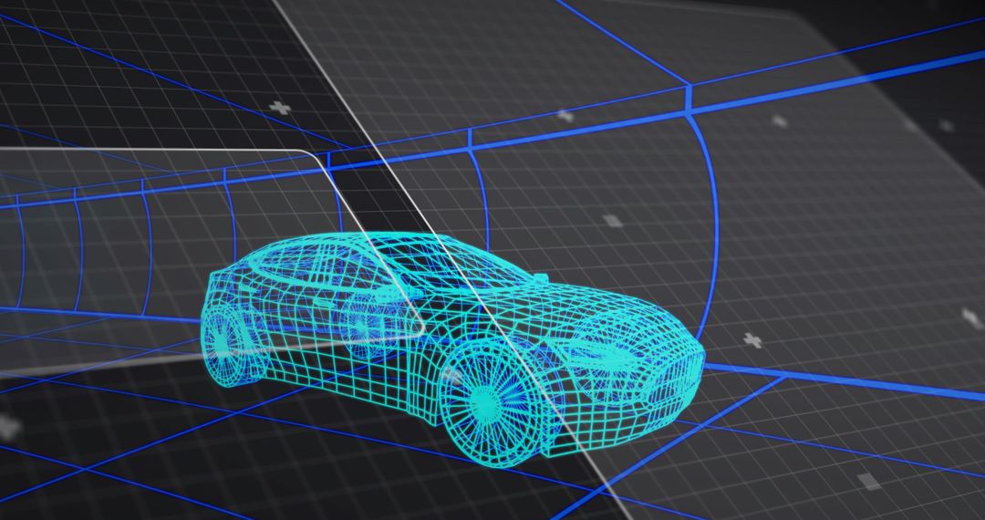 Futuristic Wireframe Sedan in 3D Virtual Environment
