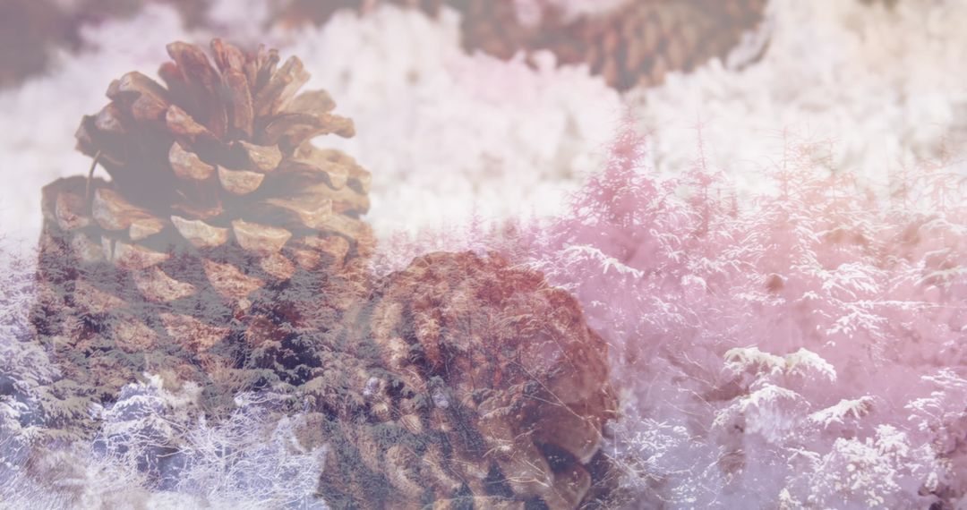 Pine Cones in Snow and Frosted Forest with Winter Vibe