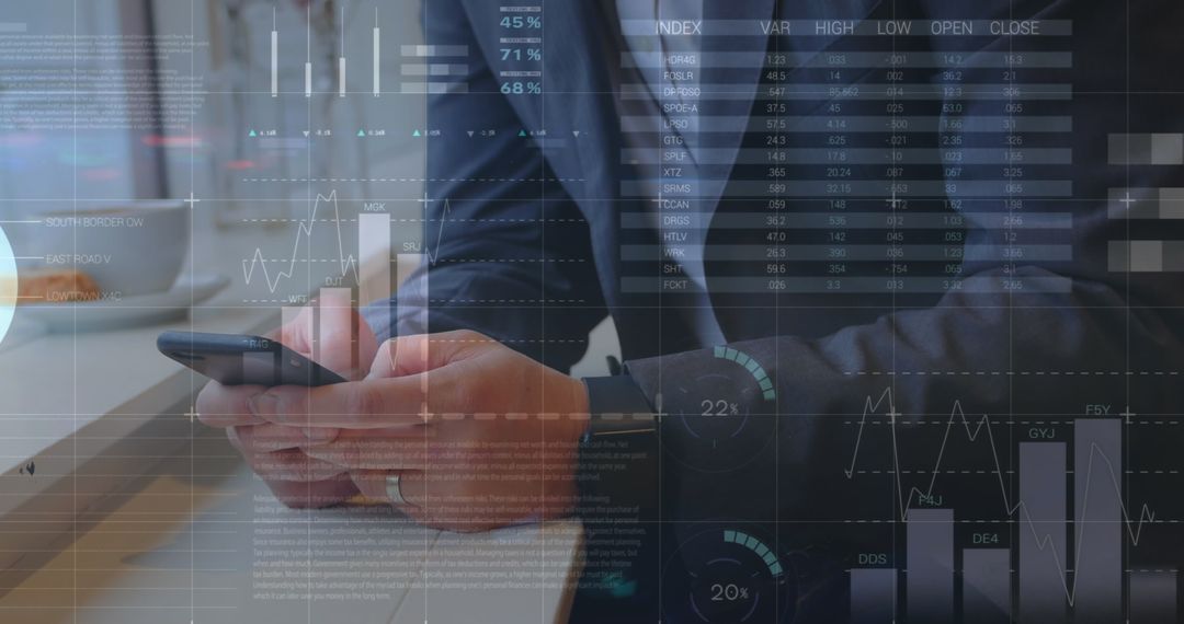 Businessman Analyzing Data with Smartphone and Charts Overlay