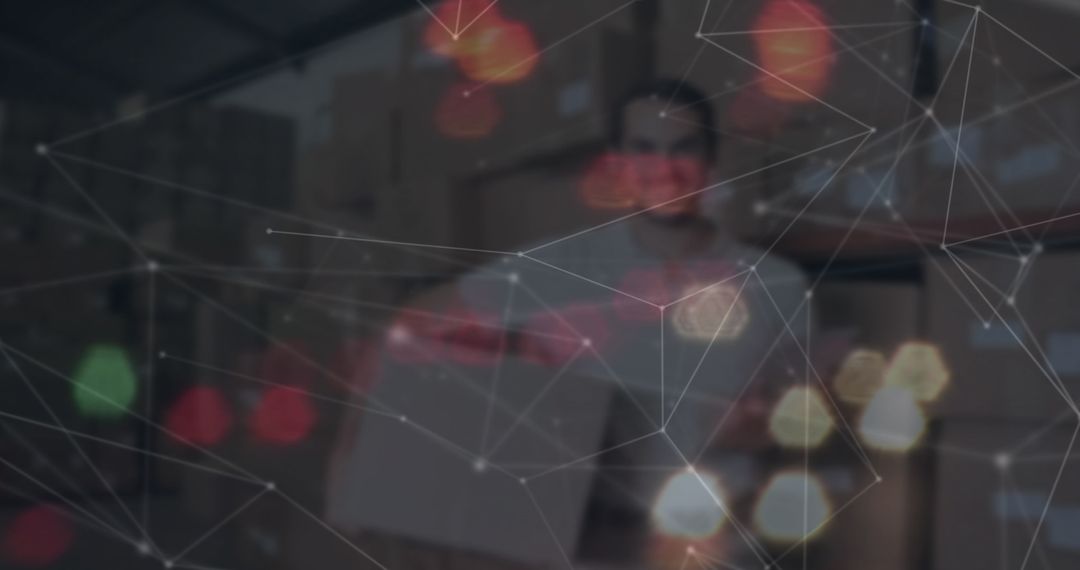 Warehouse Worker Amid Digital Network on Assembly Line