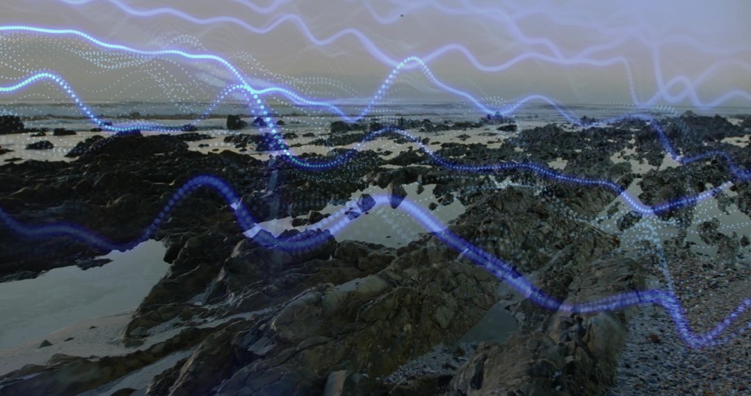 Coastal Rugged Terrain with Abstract Blue Data Waveforms