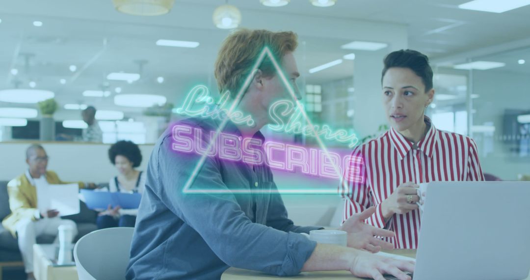 Two Professionals Collaborating in Modern Office with Digital Overlay