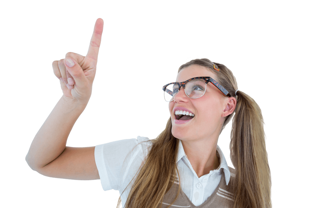Cheerful Geeky Woman Pointing and Smiling on Transparent Background