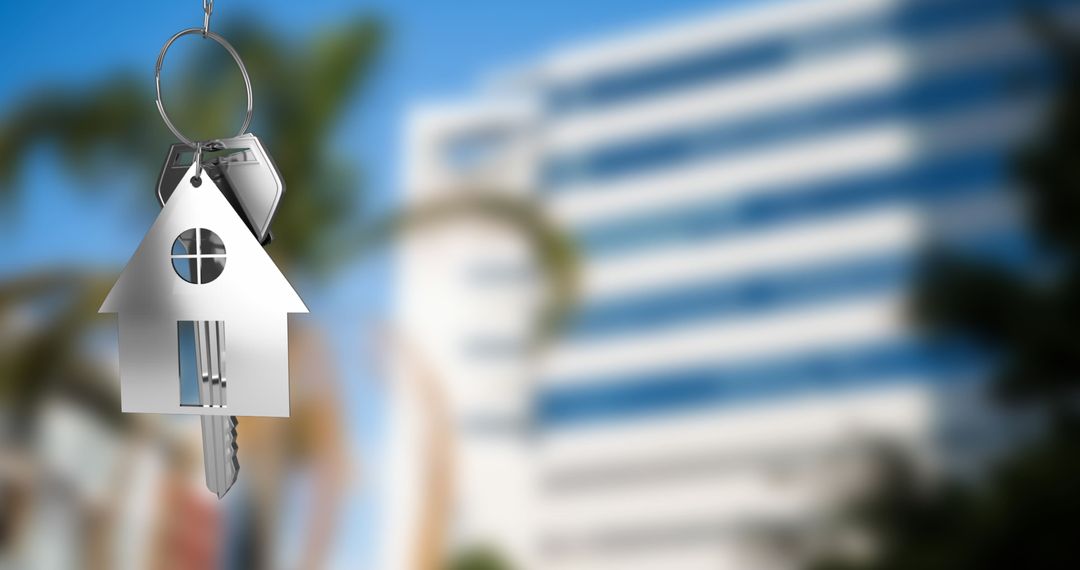 House Keychain with Blurred Urban Background Depicting New Home Ownership Concept