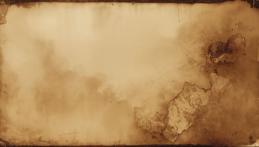 Aged parchment background with water stains, torn vellum edges and sepia texture