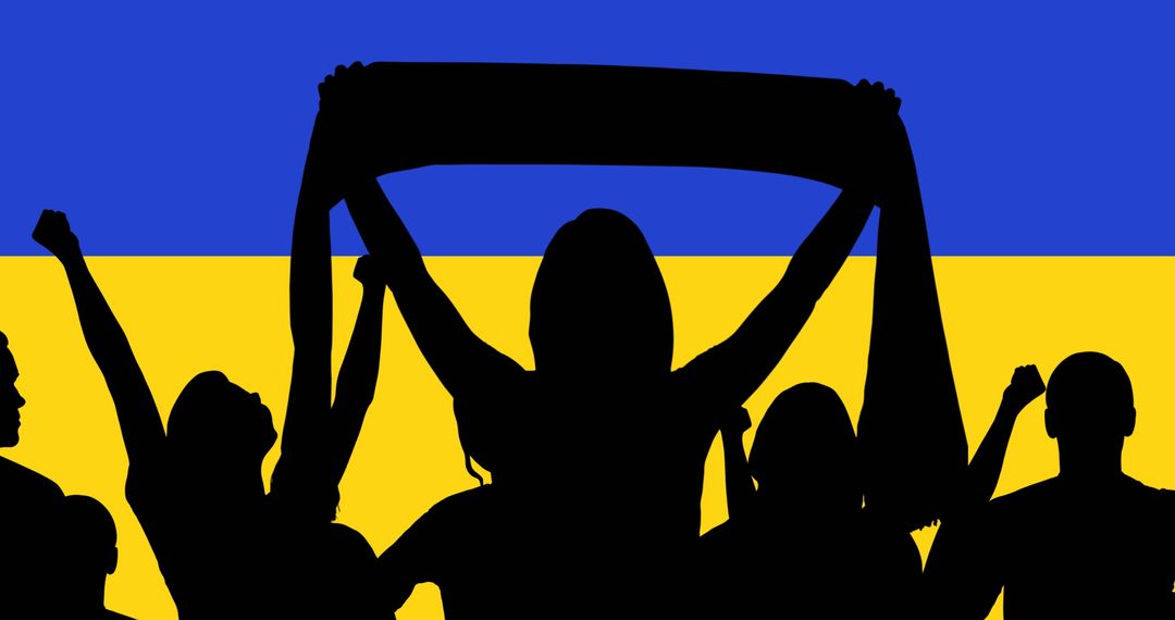 Silhouetted Protesters with Ukrainian Flag, Demonstration and Unity Theme