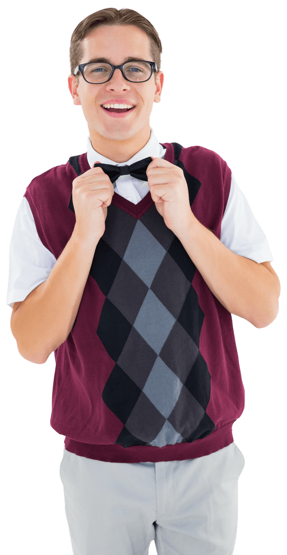 Transparent Fashion Trendy Geek Adjusting His Bow Tie with Smile