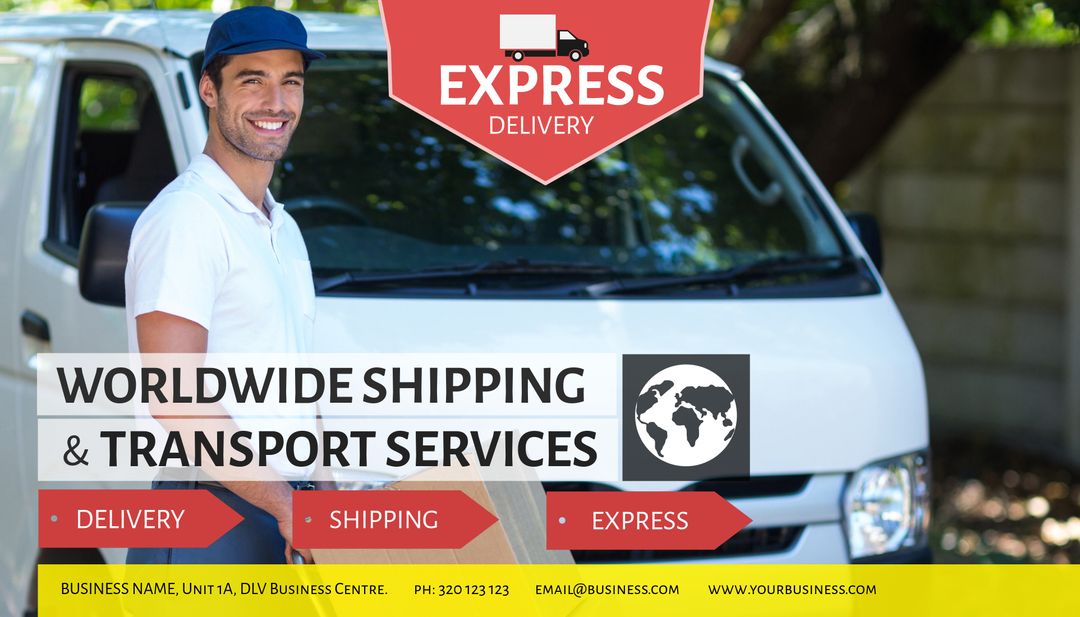 Smiling Delivery Man Beside Van Promoting Reliable Shipping Services