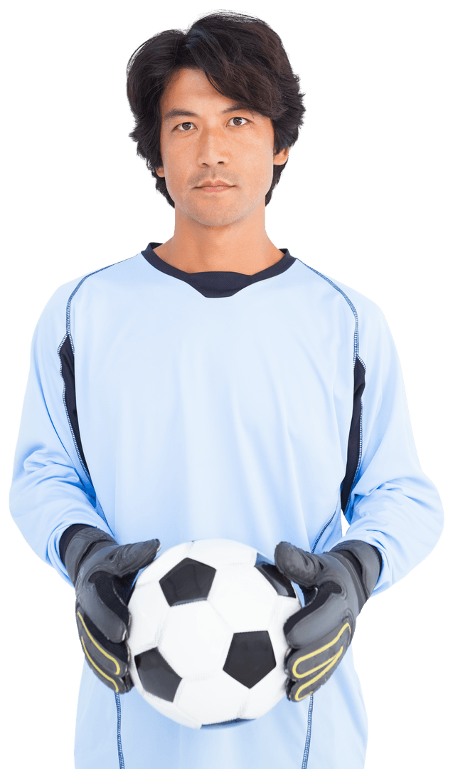 Portrait Transparent of Serious Goalkeeper Holding Soccer Ball