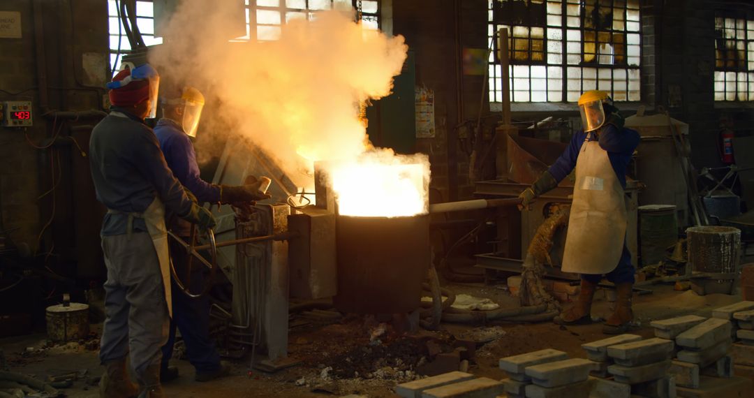 Foundry Workers in Protective Gear Pouring Molten Metal - Free Images, Stock Photos and Pictures on Pikwizard.com