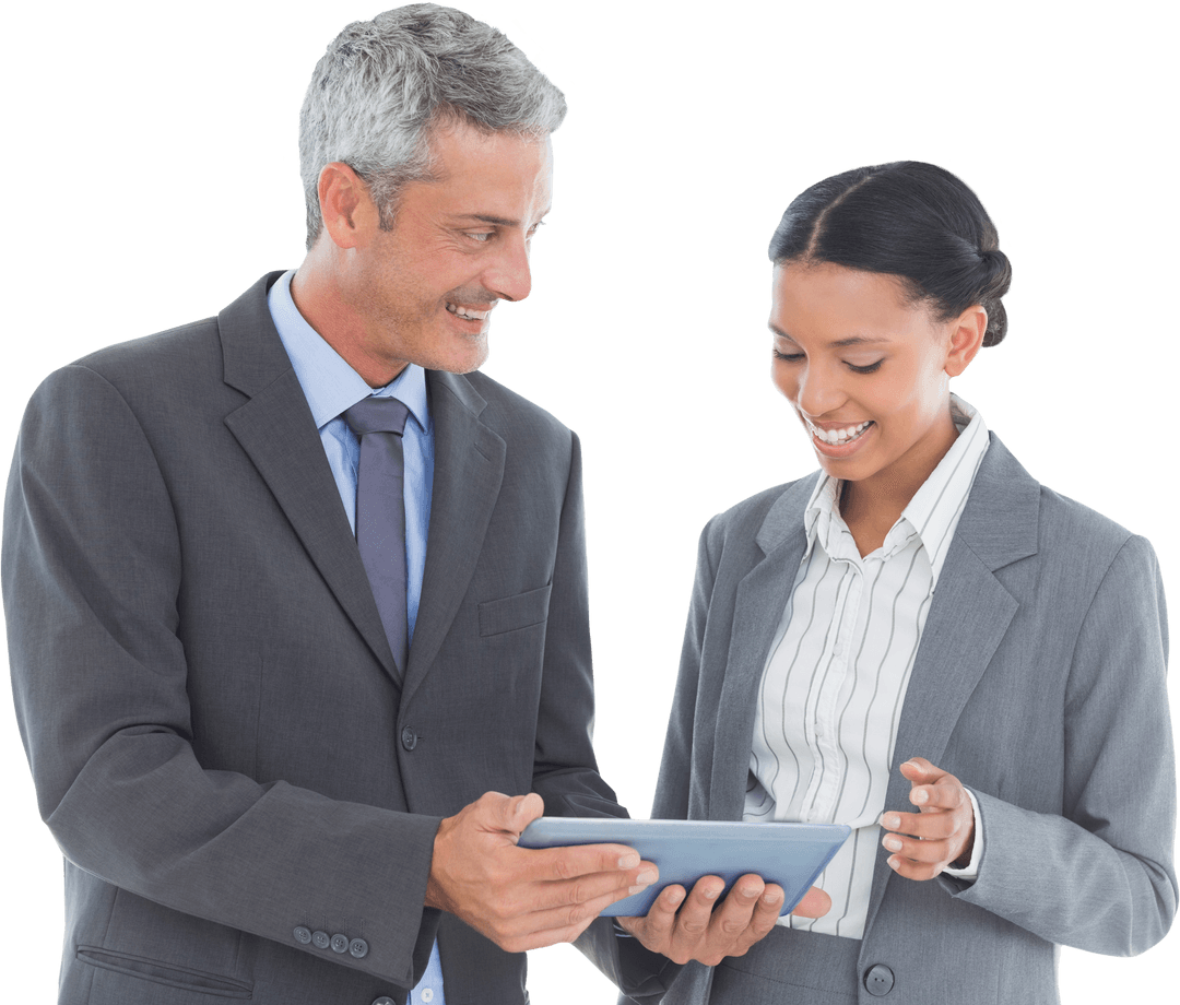 Transparent Business Colleagues Discussing Strategies on Tablet