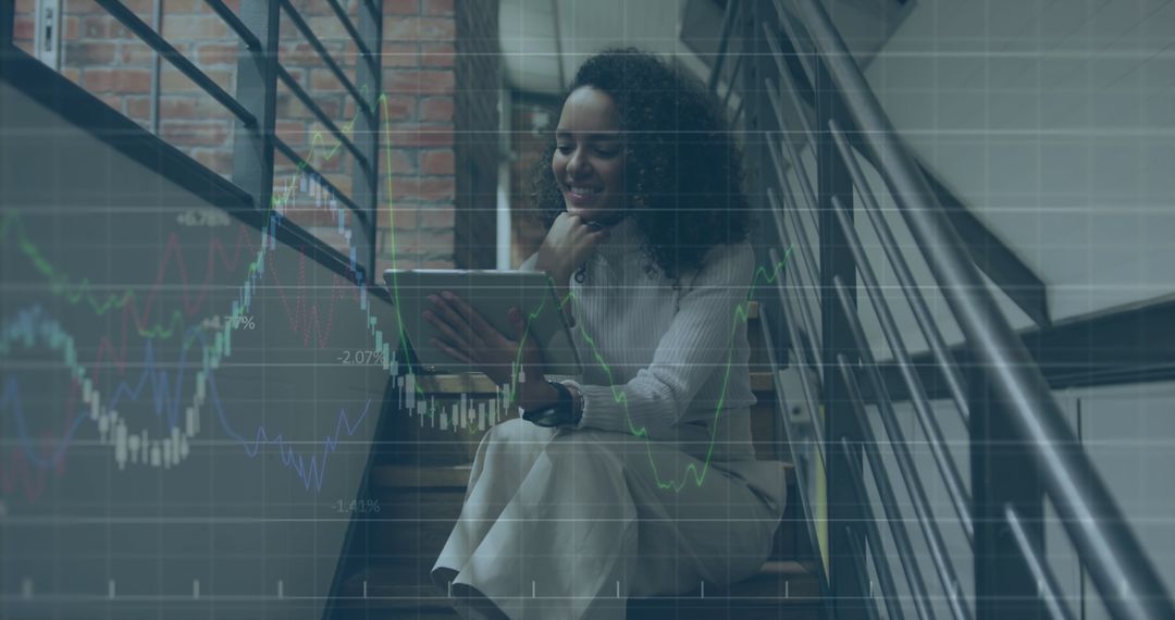 Businesswoman Analyzing Financial Data on Tablet in Modern Setting