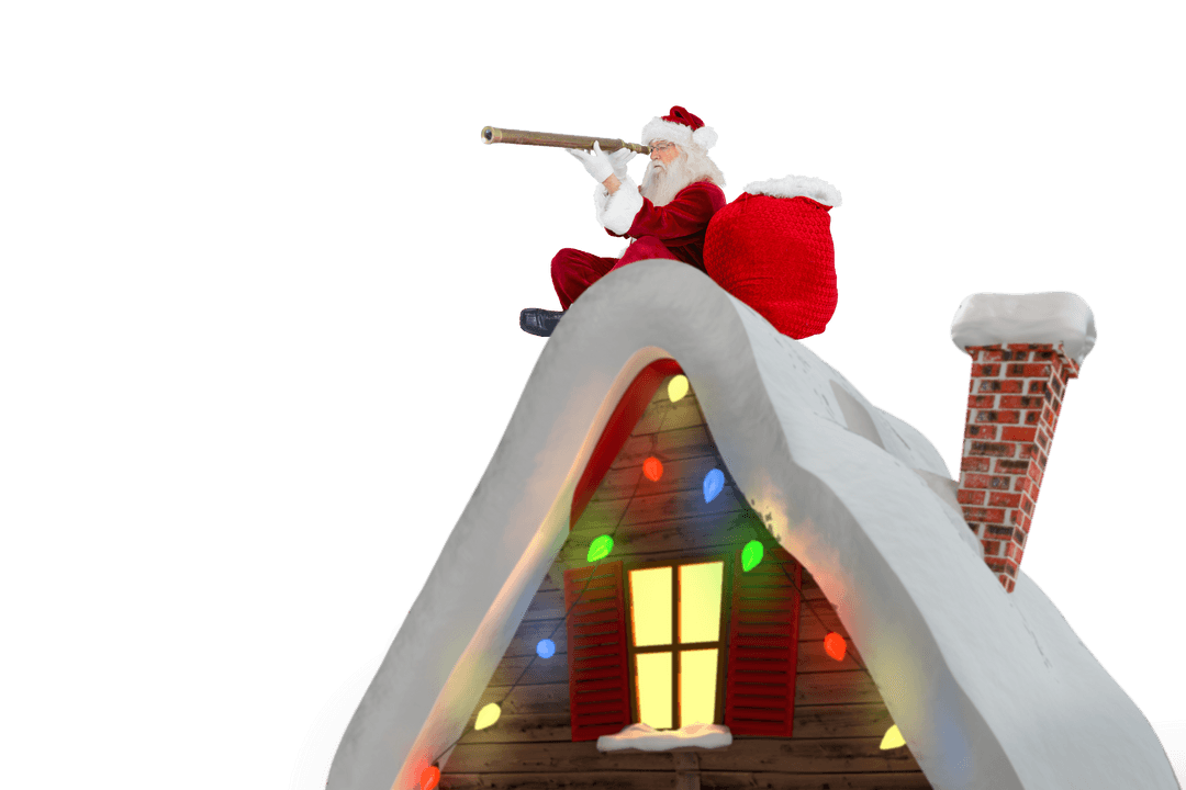 Santa Claus Sitting on Roof with Telescope Transparent Background