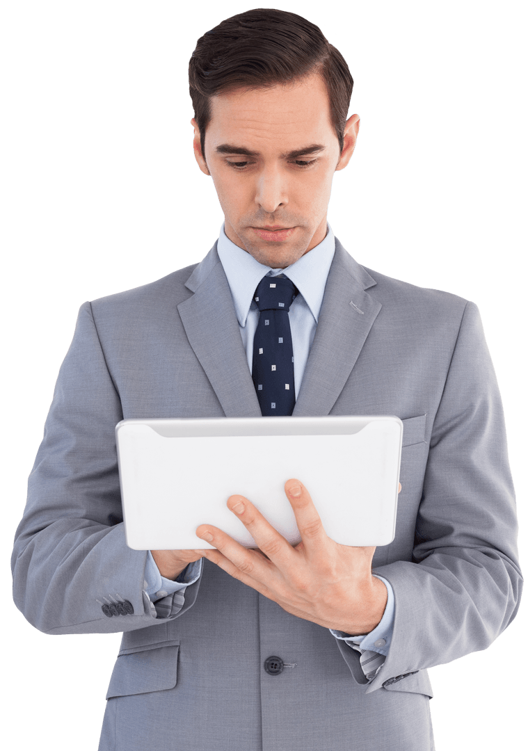 Focused Businessman Using Tablet in Gray Suit, Transparent Background