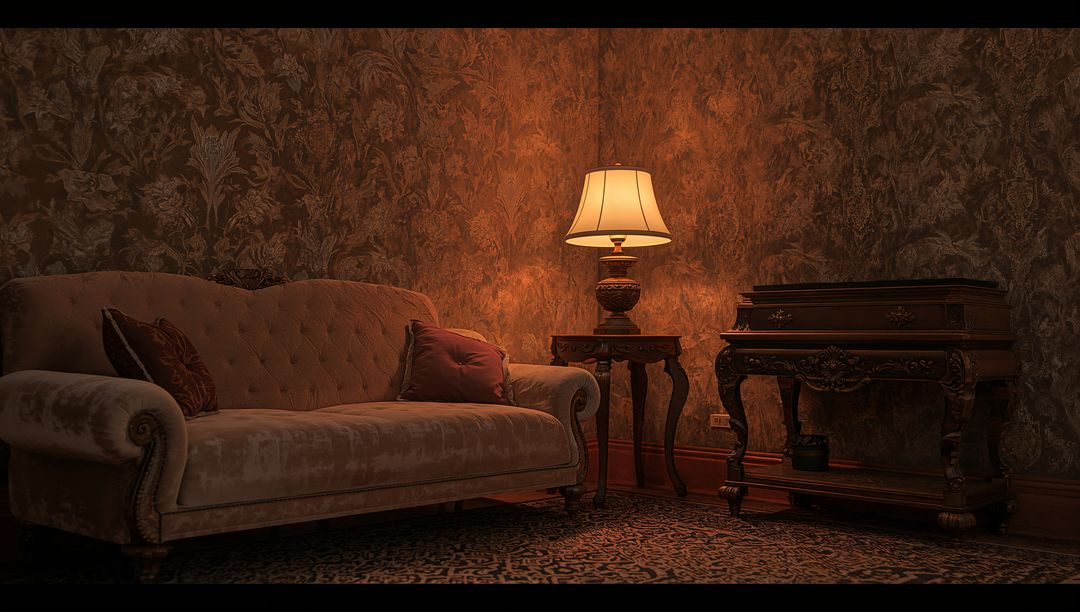 Elegant Vintage Parlor with Velvet Sofa and Table Lamp