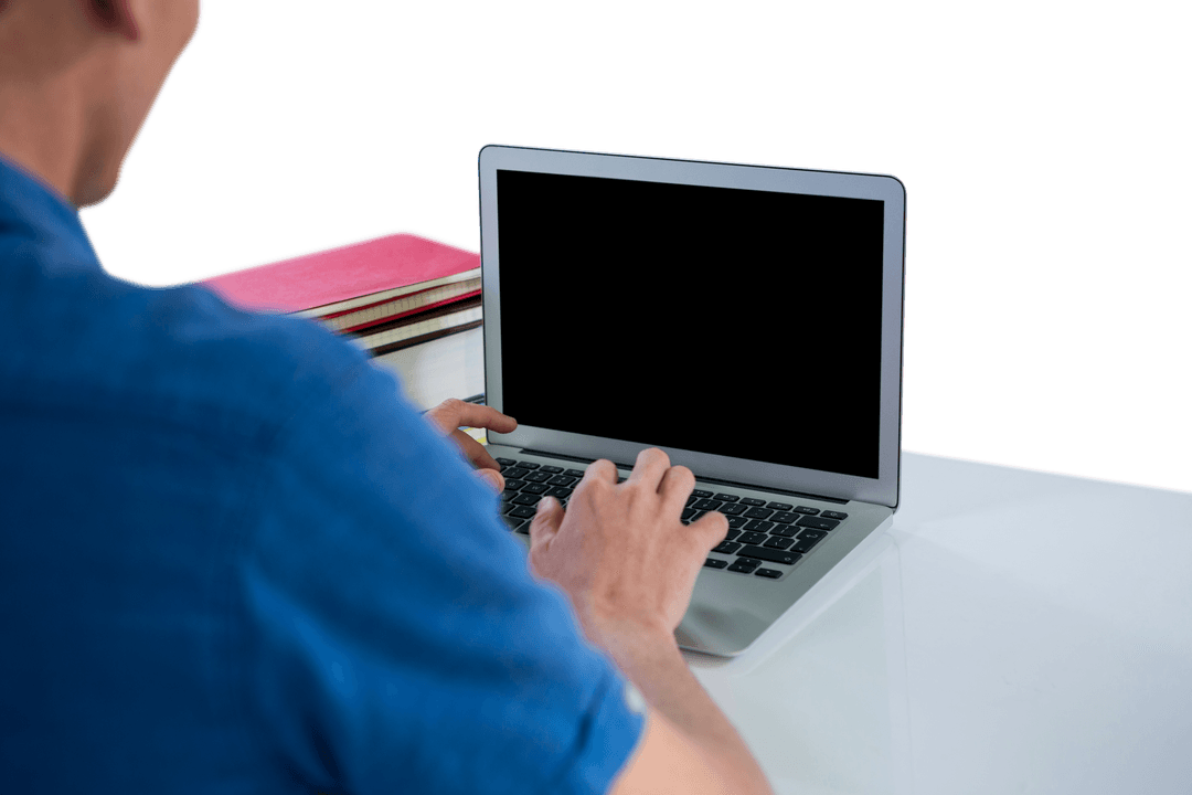 Rear View of Man Typing on Laptop with Transparent Background