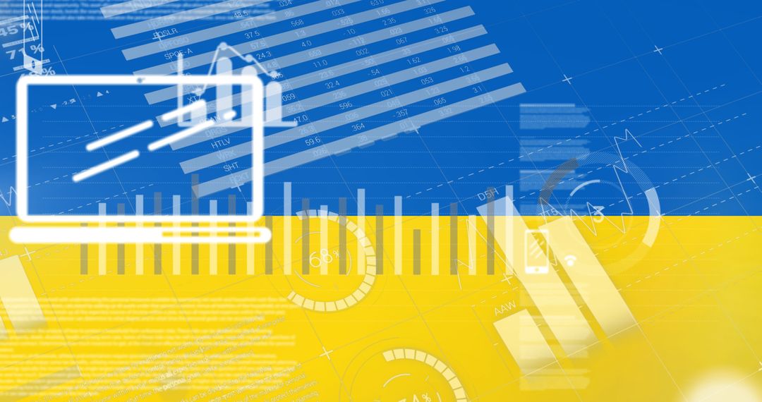 Financial Icons and Graphs Overlain on Ukrainian Flag