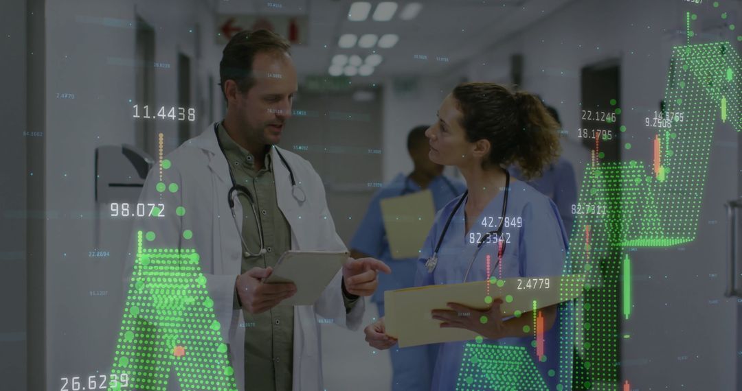 Doctors Discussing Patient Data in Hospital Corridor with Digital Overlay