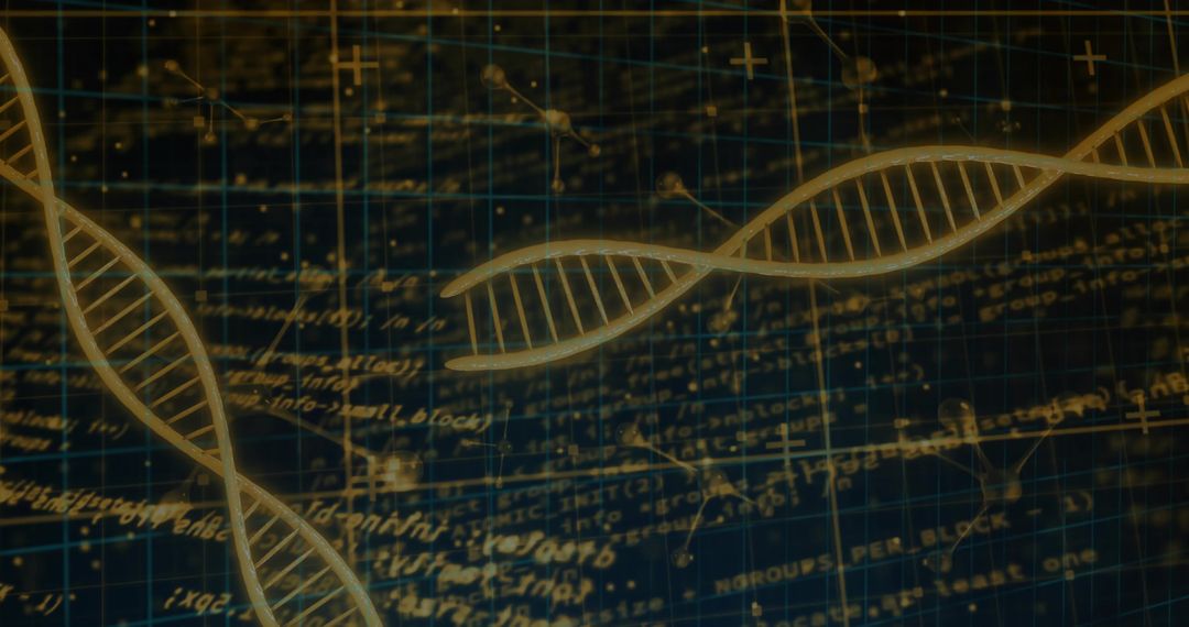 Glowing gold DNA helices floating over navy schematic grid with handwritten formulas