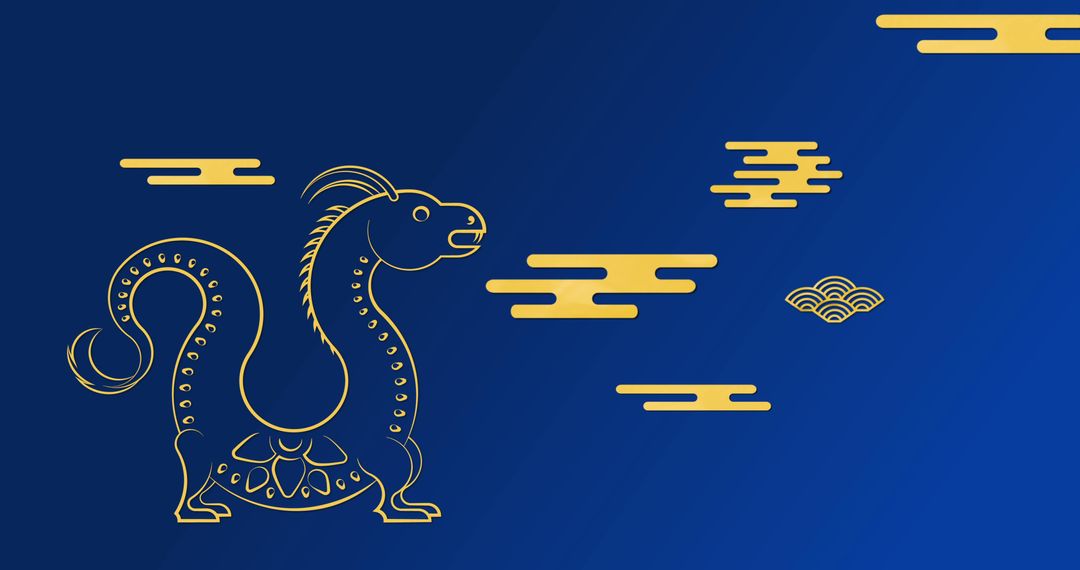 Golden Dragon Symbol on Blue Background with Chinese Patterns